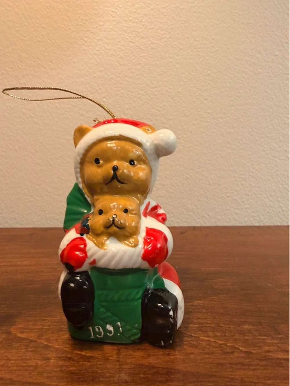 Vintage Santa Bear with Cub Ceramic Christmas Ornament 1991 Holiday Decor